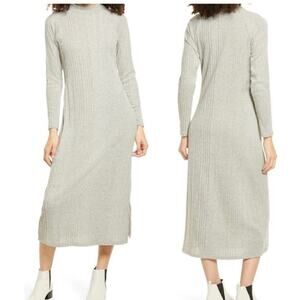 NORDSTROM ALL IN FAVOR Heather Grey Rib Knit Sweater Slit Maxi Midi Dress L